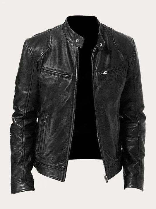 Men's Classic Zip-Up Biker Jacket with Stand Collar