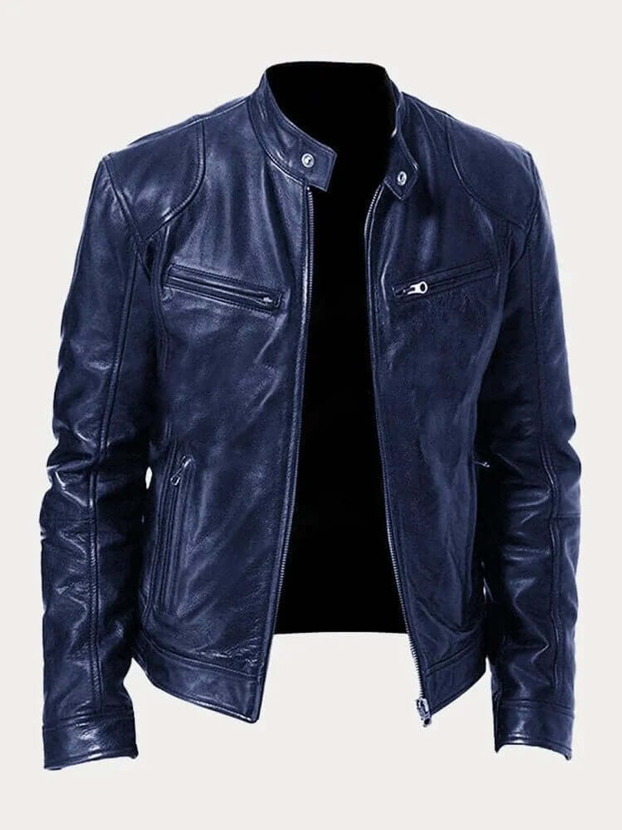 Men's Classic Zip-Up Biker Jacket with Stand Collar