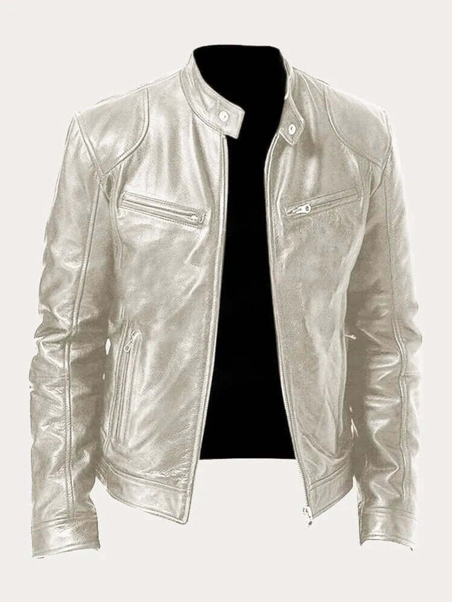 Men's Classic Zip-Up Biker Jacket with Stand Collar