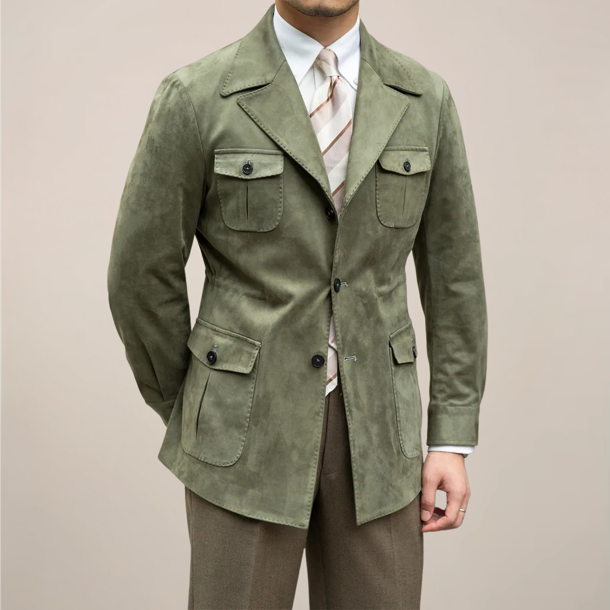 Men's Slim-Fit Safari Jacket with Four-Pocket Design