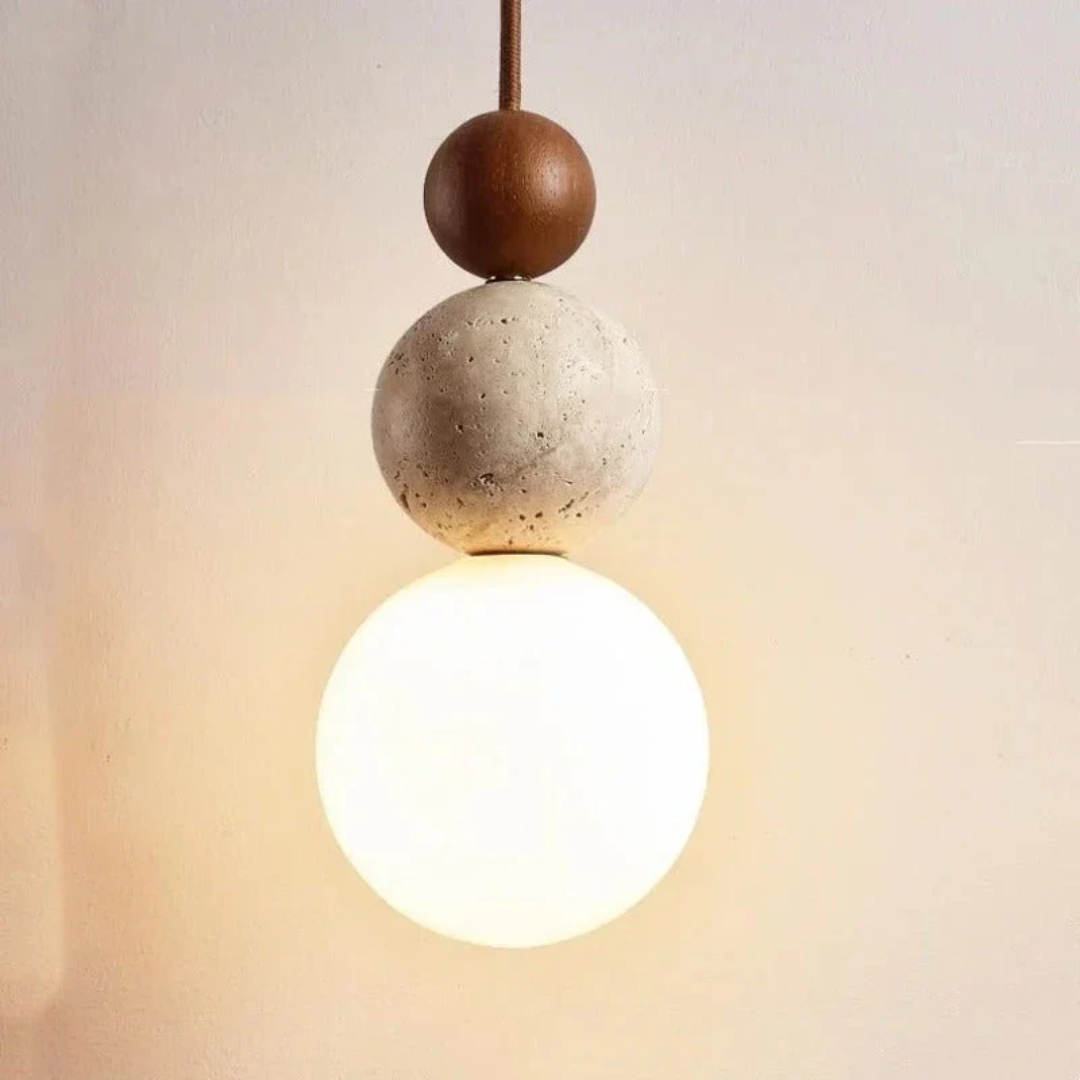 Modern Travertine and Mahogany Pendant Light