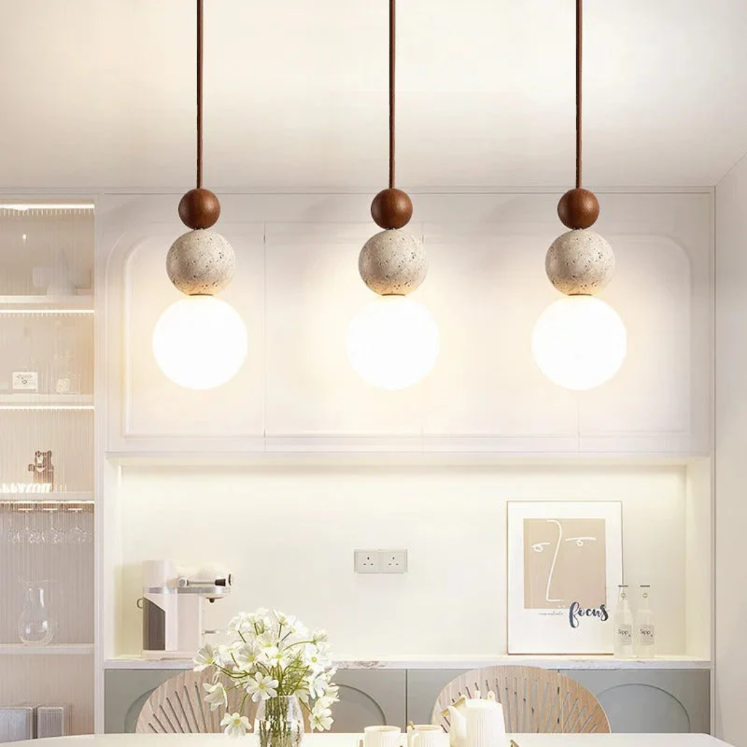Modern Travertine and Mahogany Pendant Light