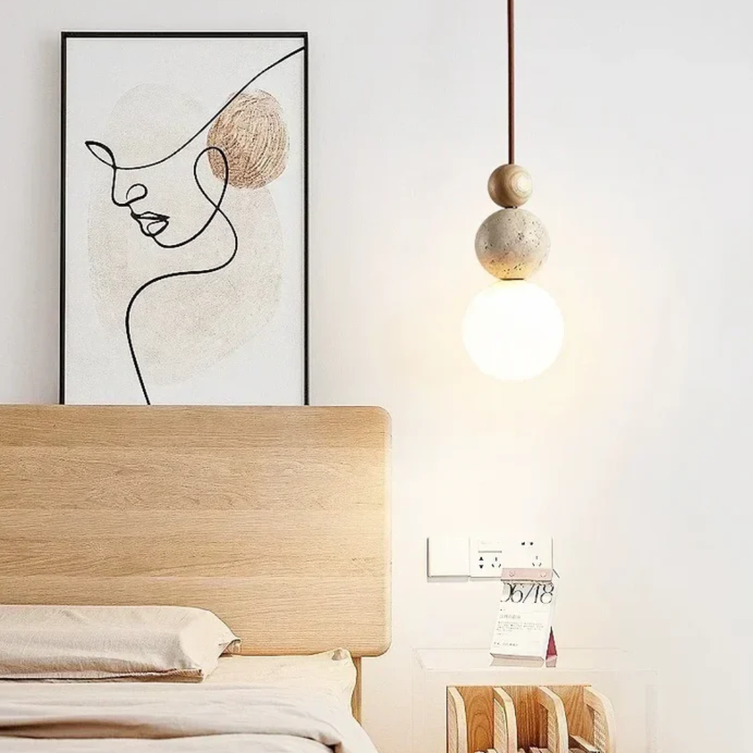 Modern Travertine and Mahogany Pendant Light