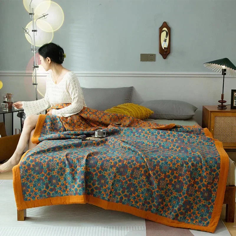 Orange & Blue Pattern Six-Layer Cotton Quilt