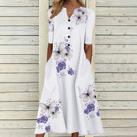 Printed V-Neck A-Line Summer Dress with Pockets