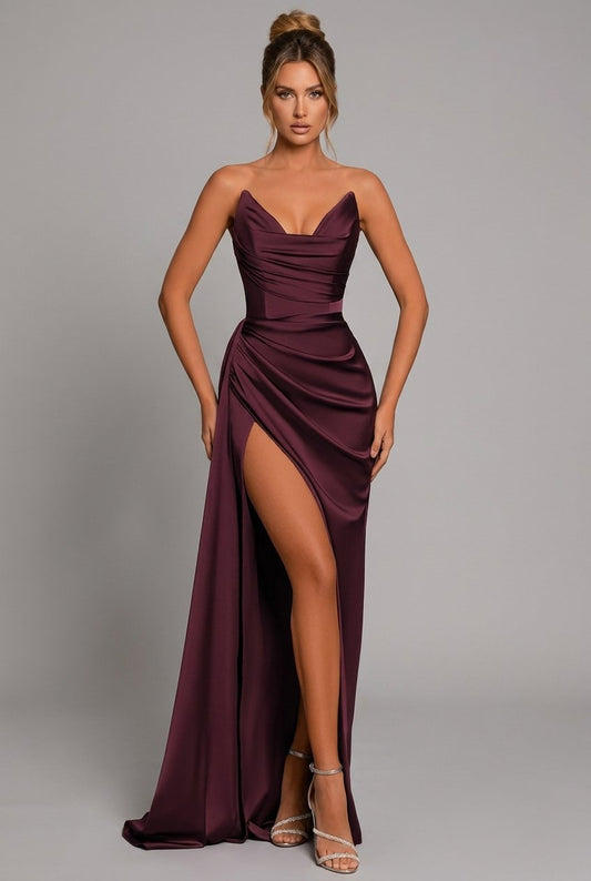 Ruched Sweetheart Split Maxi Dress