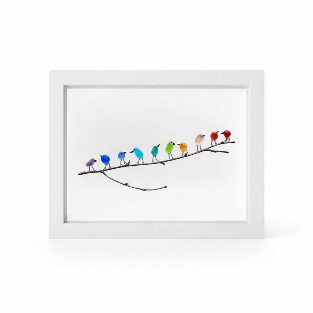Sea Glass Birds on Driftwood Framed Wall Art Coastal Display