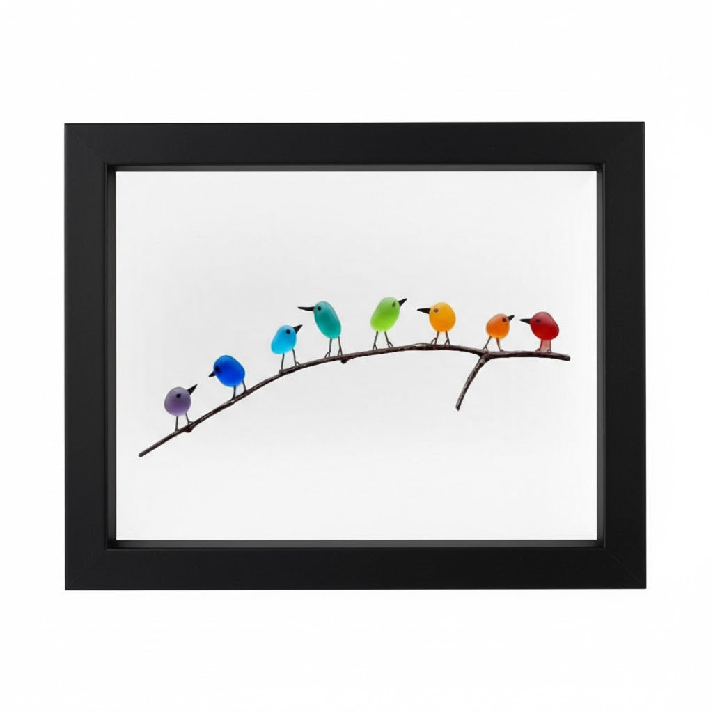 Sea Glass Birds on Driftwood Framed Wall Art Coastal Display