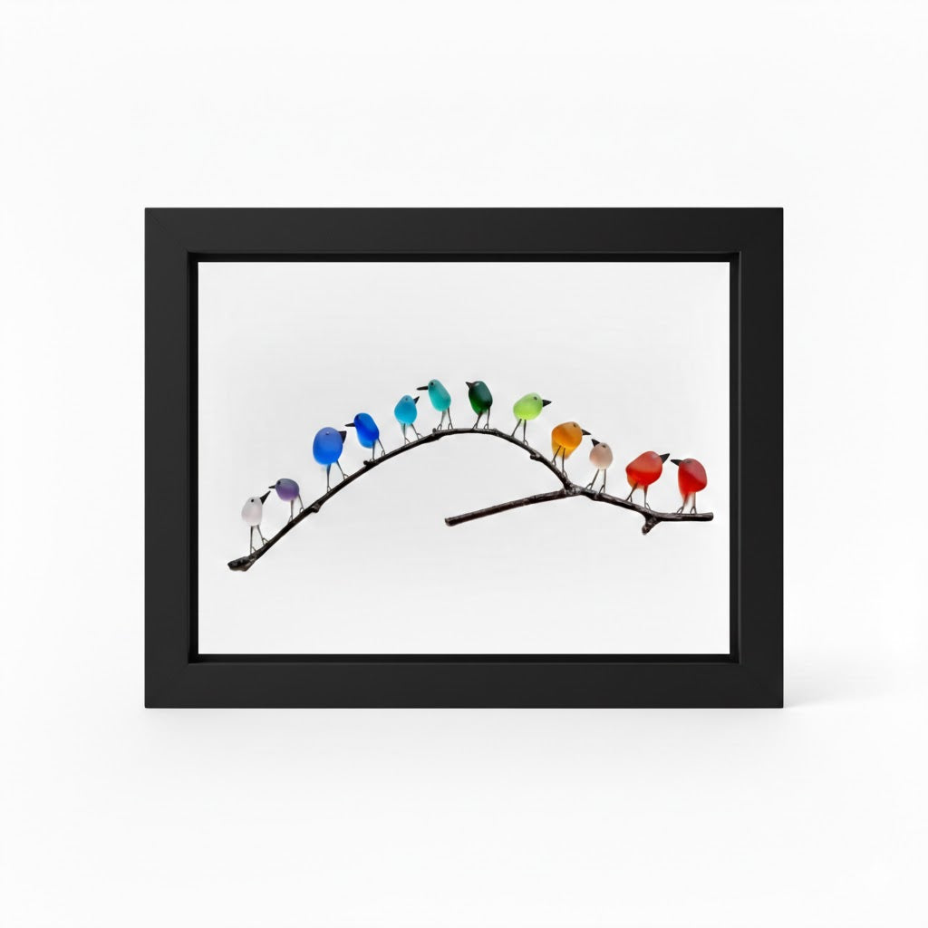 Sea Glass Birds on Driftwood Framed Wall Art Coastal Display