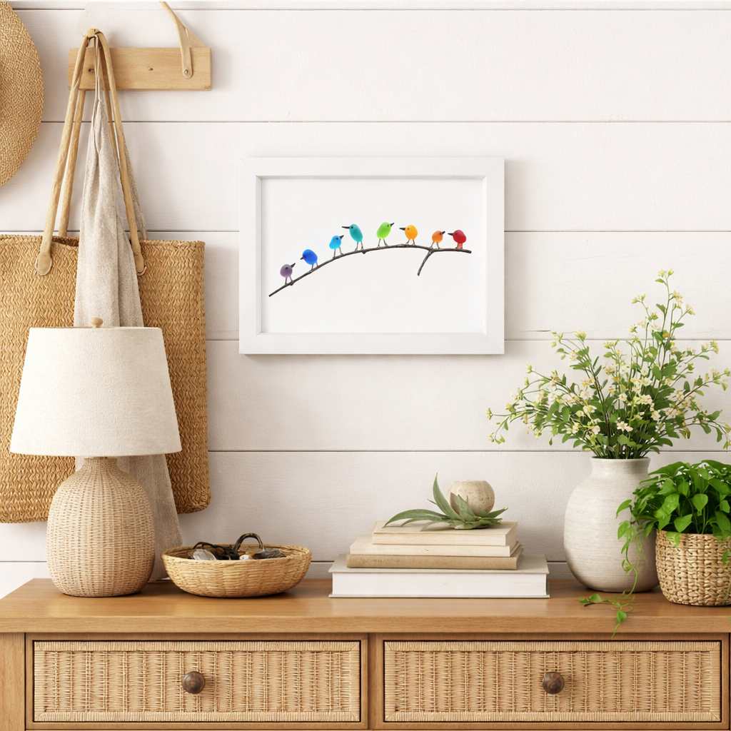 Sea Glass Birds on Driftwood Framed Wall Art Coastal Display