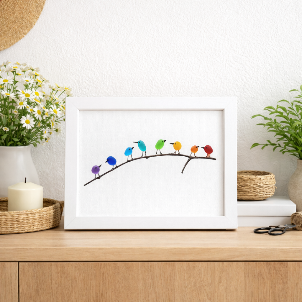Sea Glass Birds on Driftwood Framed Wall Art Coastal Display