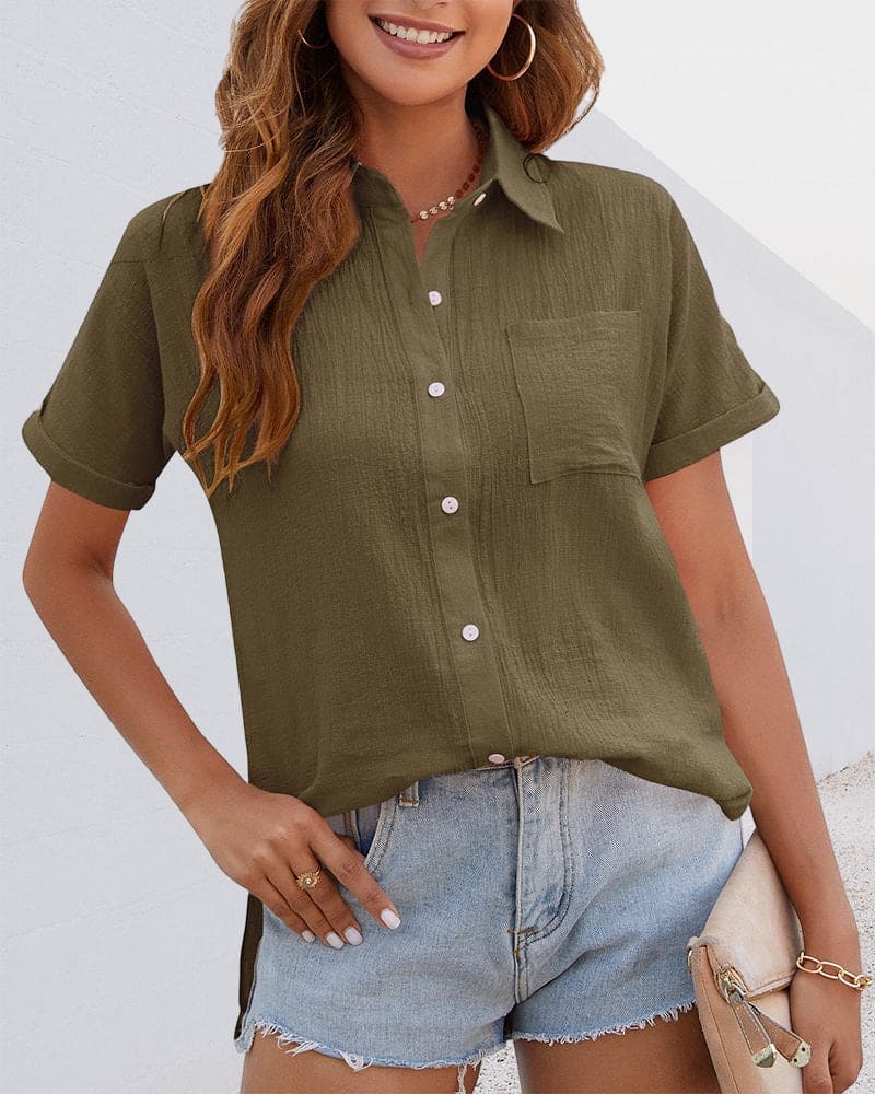 Short-Sleeve Button-Up Blouse
