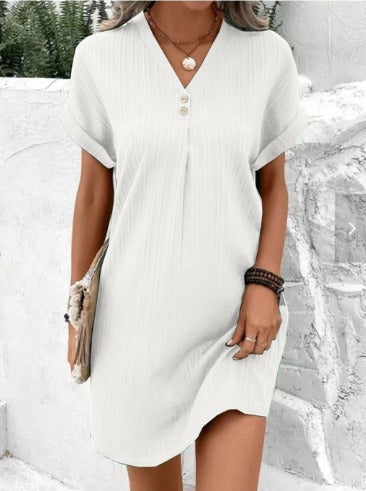 Short Sleeve Dress with Buttons and V-Neck Detail