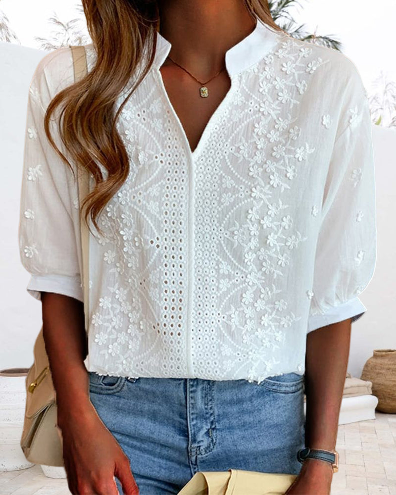 Solid Color V-Neck Short Sleeve Blouse