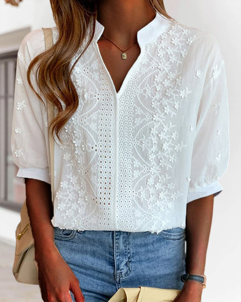 Solid Color V-Neck Short Sleeve Blouse
