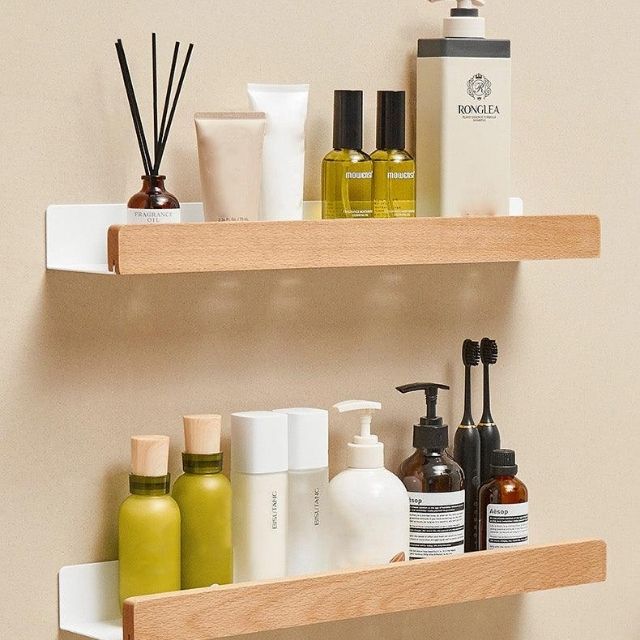 Solid Wood Bathroom Shelf – No-Drill Wall-Mounted Bathroom Organizer