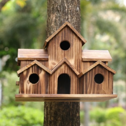 SongbirdHaven Handmade Wooden Birdhouse – 6 Entrances, Rustic Design for the Garden