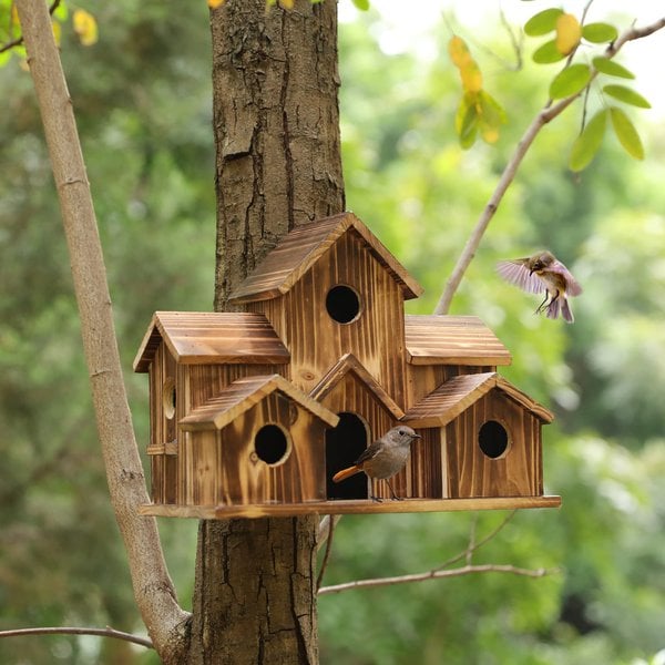 SongbirdHaven Handmade Wooden Birdhouse – 6 Entrances, Rustic Design for the Garden