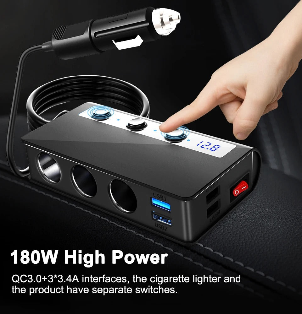 Universal 4-Port Fast Car Charger Adapter with USB and Cigarette Lighter Sockets