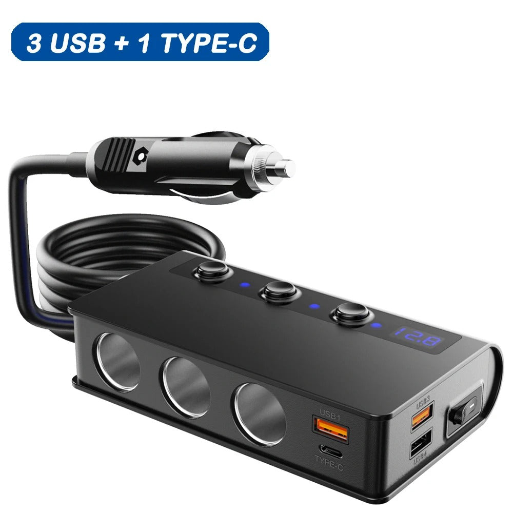 Universal 4-Port Fast Car Charger Adapter with USB and Cigarette Lighter Sockets