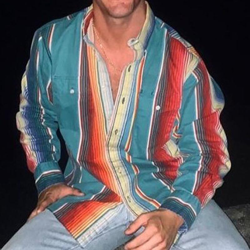 Vintage-Style Long-Sleeve Striped Button-Up Shirt