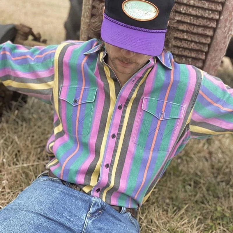 Vintage-Style Long-Sleeve Striped Button-Up Shirt