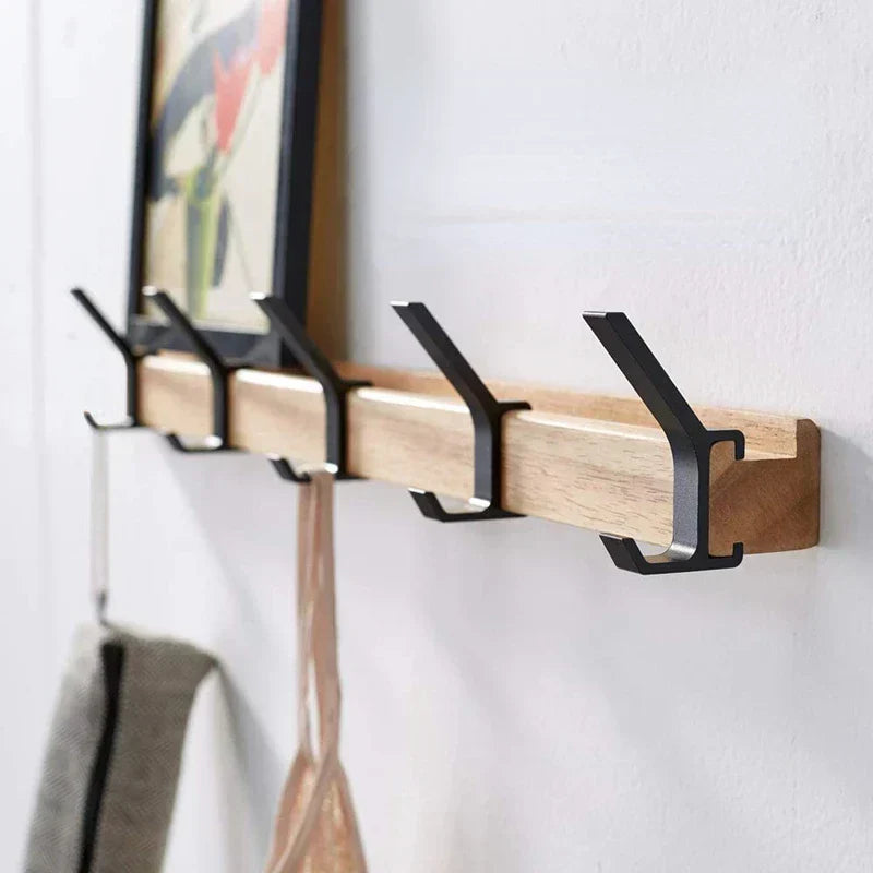 Wall-Mounted Coat Rack with Movable Hooks – Elegant Wood and Metal Combination