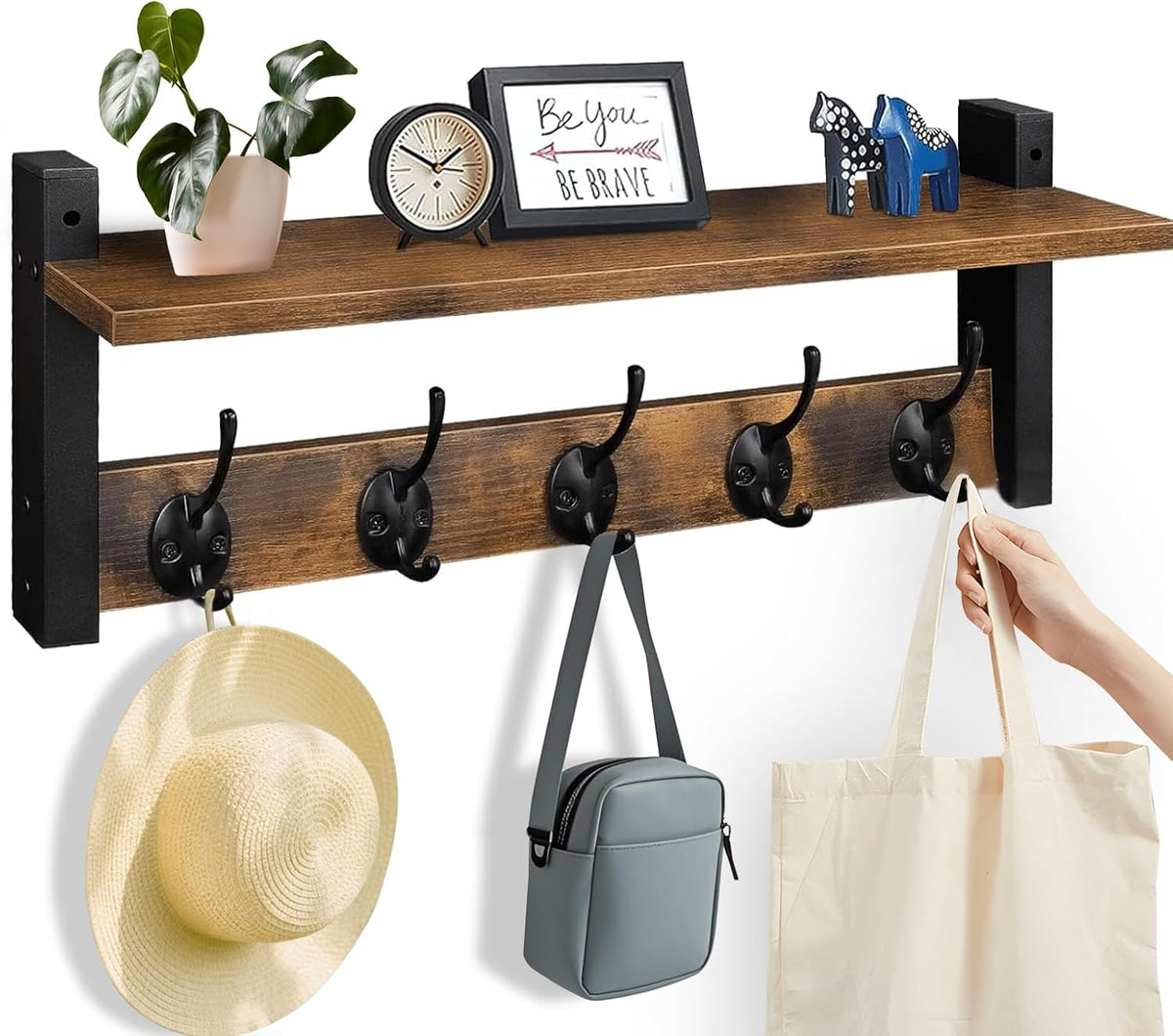 Wall-Mounted Coat Rack with Shelf and 5 Metal Hooks