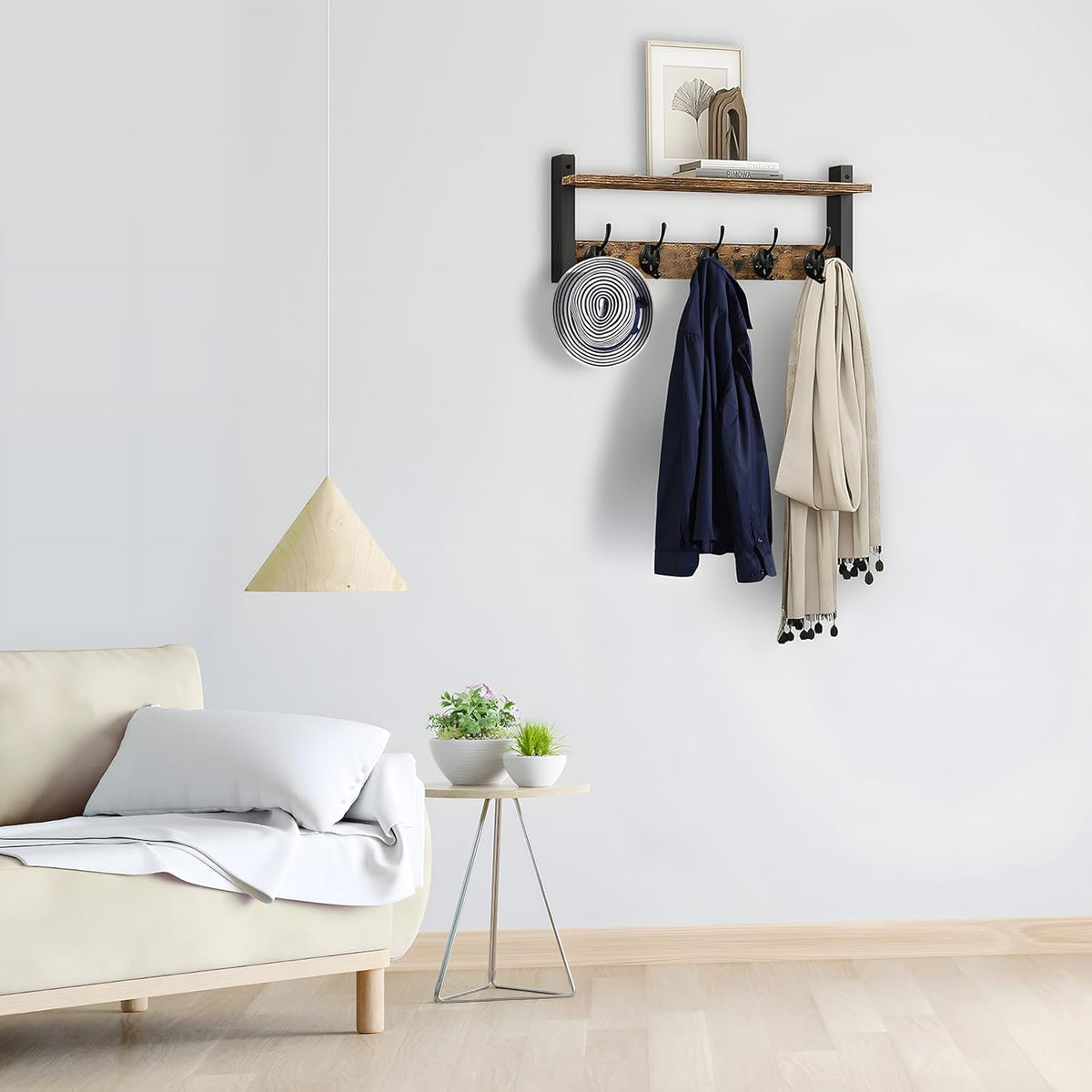 Wall-Mounted Coat Rack with Shelf and 5 Metal Hooks