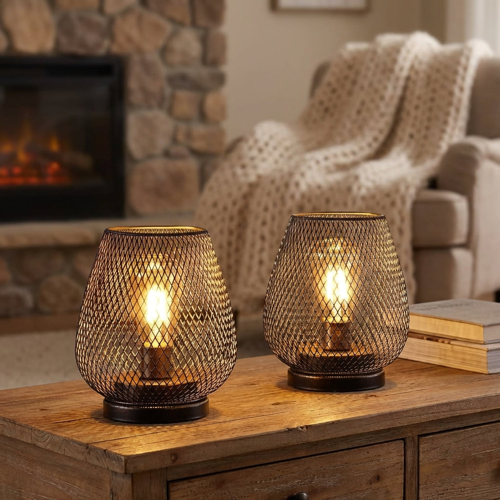 Wireless LED Table Lamps with Warm Light and Mesh Shade – Set of 2