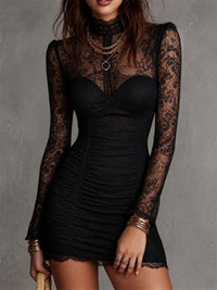 Women's Black Ruched Long-Sleeve Mini Dress