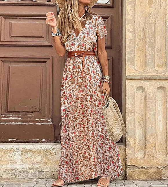 Women's Boho V-Neck Short Sleeve Maxi Dress