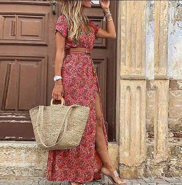 Women's Boho V-Neck Short Sleeve Maxi Dress