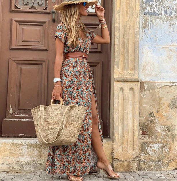 Women's Boho V-Neck Short Sleeve Maxi Dress