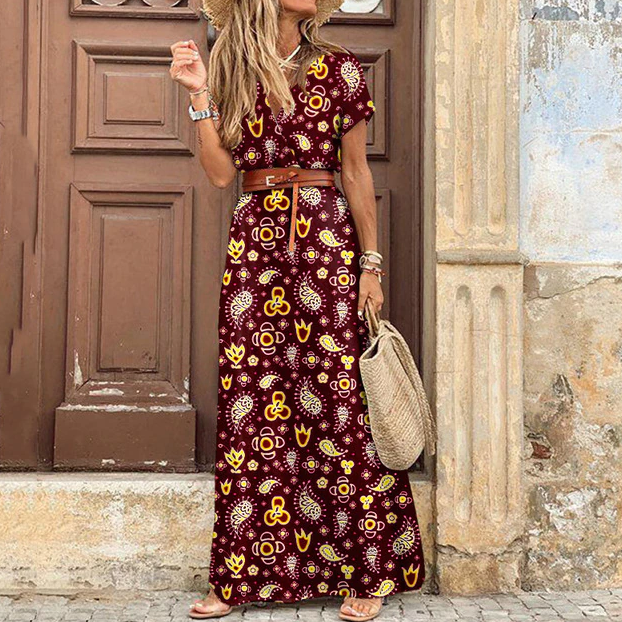 Women's Boho V-Neck Short Sleeve Maxi Dress