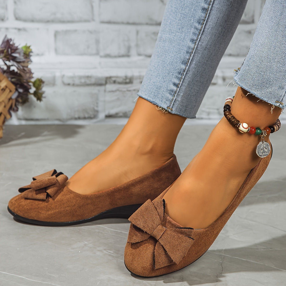 Women's Bow Detail Round Toe Slip-On Wedge Ballet Flats