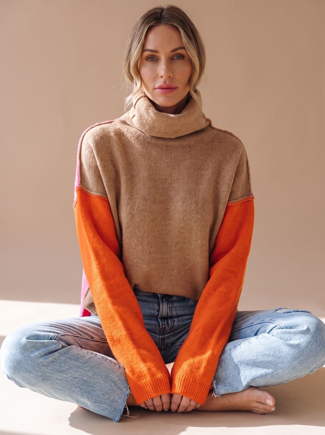 Women's Color Block Relaxed-Fit Turtleneck Sweater
