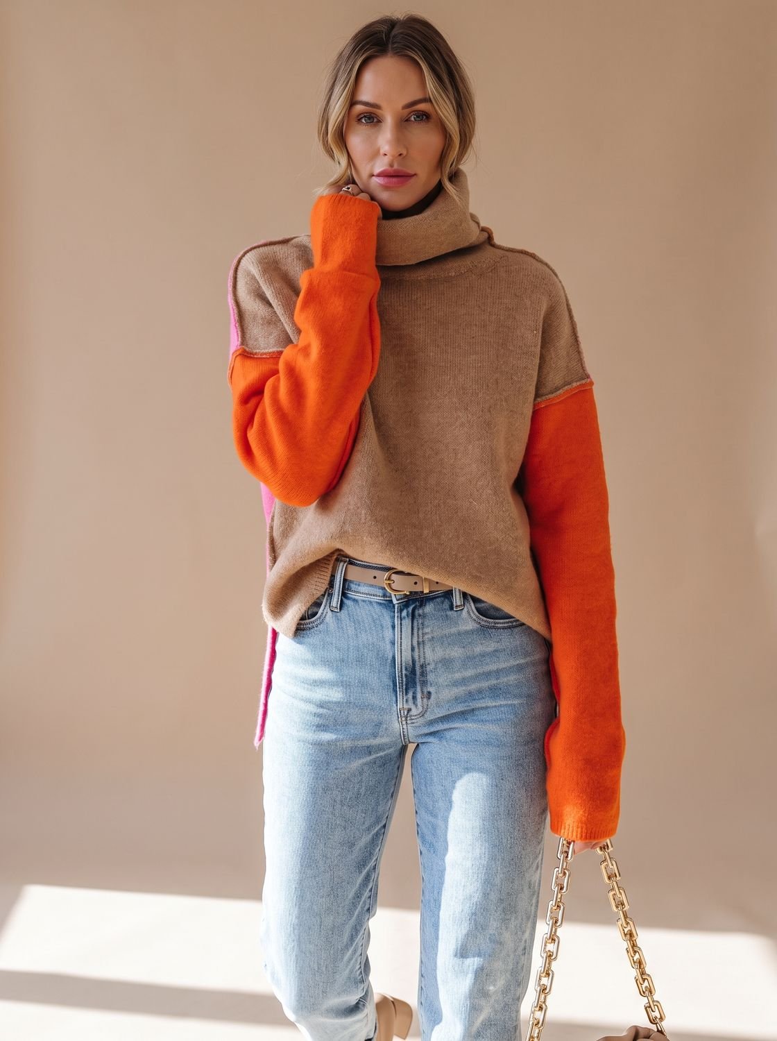 Women's Color Block Relaxed-Fit Turtleneck Sweater