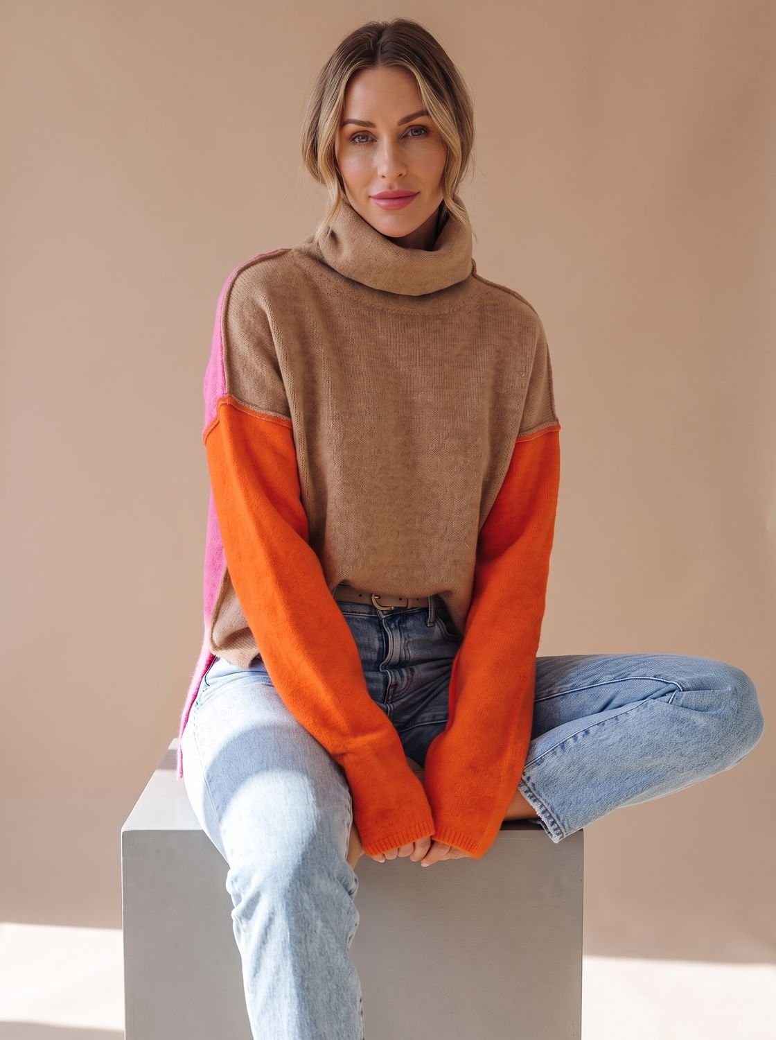 Women's Color Block Relaxed-Fit Turtleneck Sweater