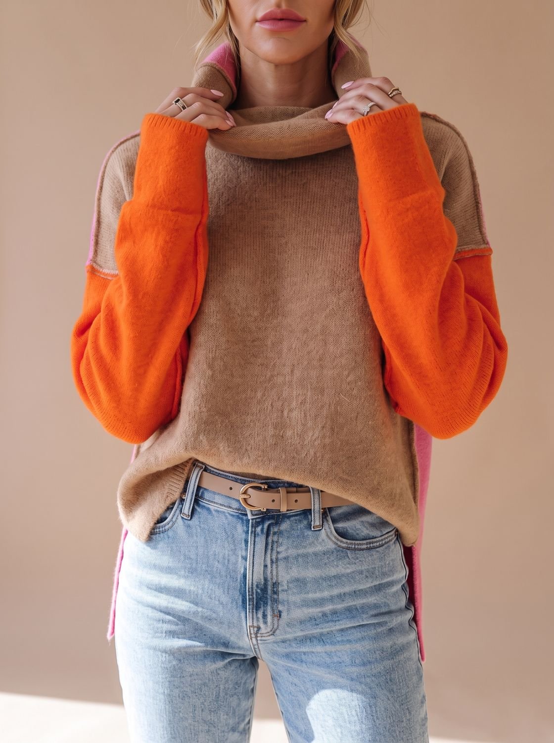 Women's Color Block Relaxed-Fit Turtleneck Sweater
