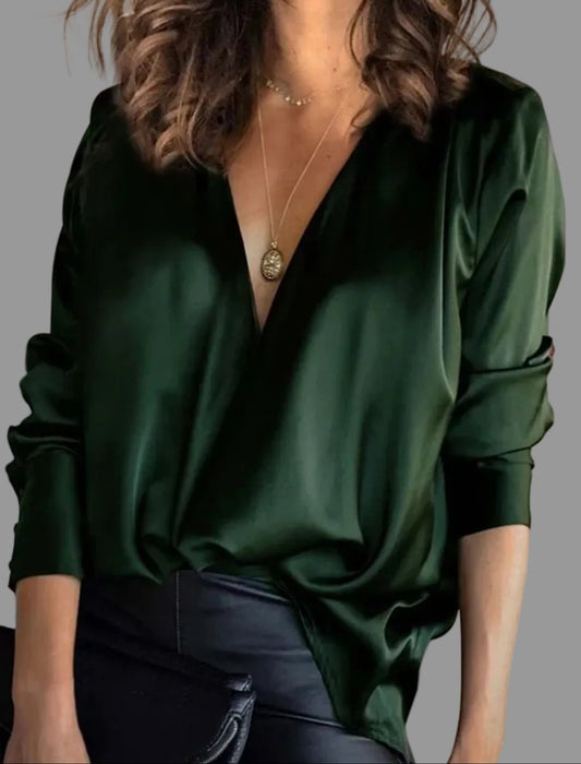 Women's Deep V-Neck Long-Sleeve Draped Blouse