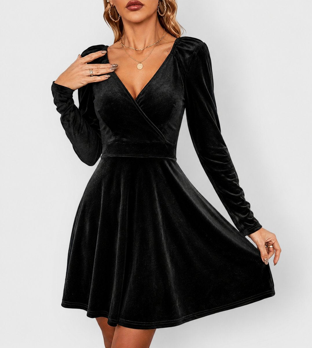 Women's Deep V-Neck Long Sleeve Formal Skater Dress