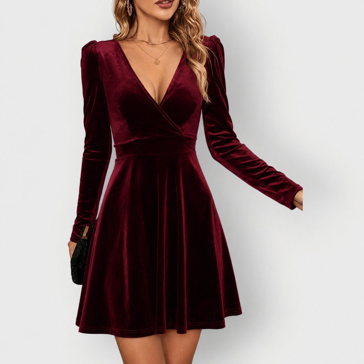 Women's Deep V-Neck Long Sleeve Formal Skater Dress