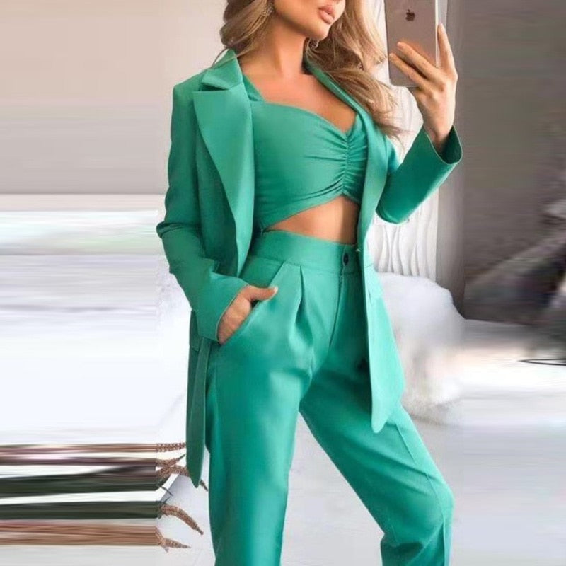 Women's Elegant 3-Piece Blazer Set with Pants and Top