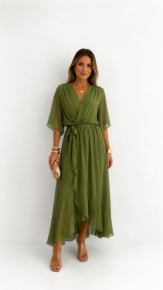 Women's Elegant Maxi Dress with Puff Sleeves and Adjustable Waist Belt