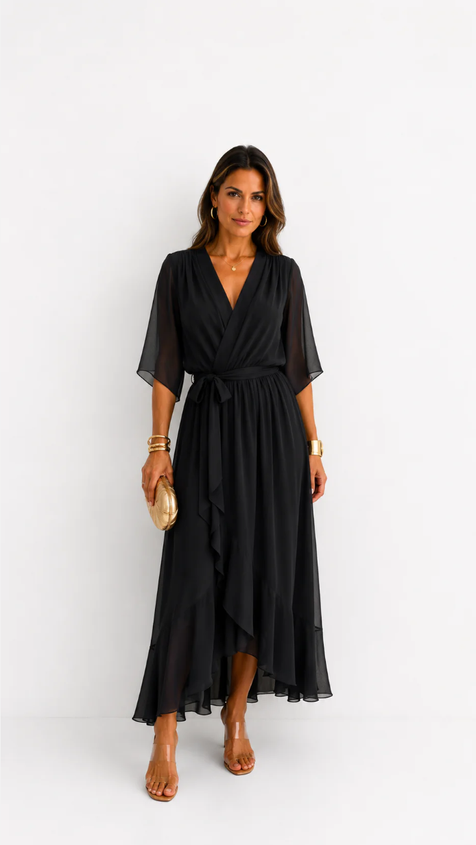 Women's Elegant Maxi Dress with Puff Sleeves and Adjustable Waist Belt