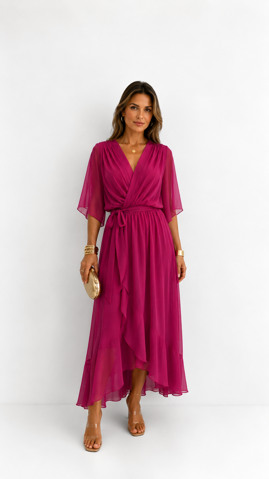 Women's Elegant Maxi Dress with Puff Sleeves and Adjustable Waist Belt