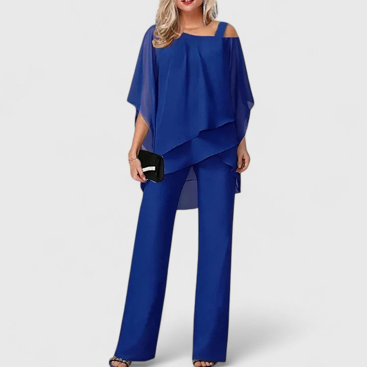Women's Elegant Off-Shoulder Two-Piece Formal Set with Wide-Leg Pants