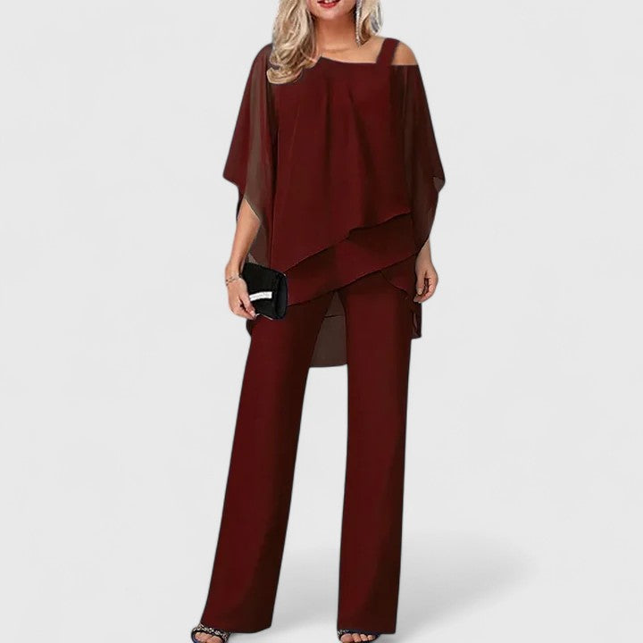 Women's Elegant Off-Shoulder Two-Piece Formal Set with Wide-Leg Pants