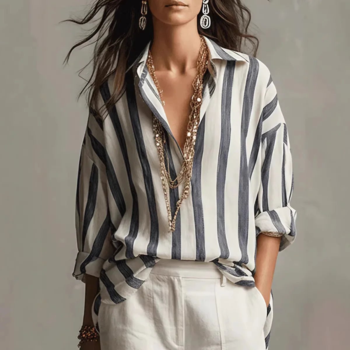 Women's Elegant Vertical Stripe Open Collar Blouse